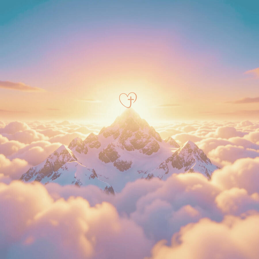 Mountain summit above the clouds at sunrise with a subtle cross at the peak, symbolizing ordered priorities and leadership hierarchy.